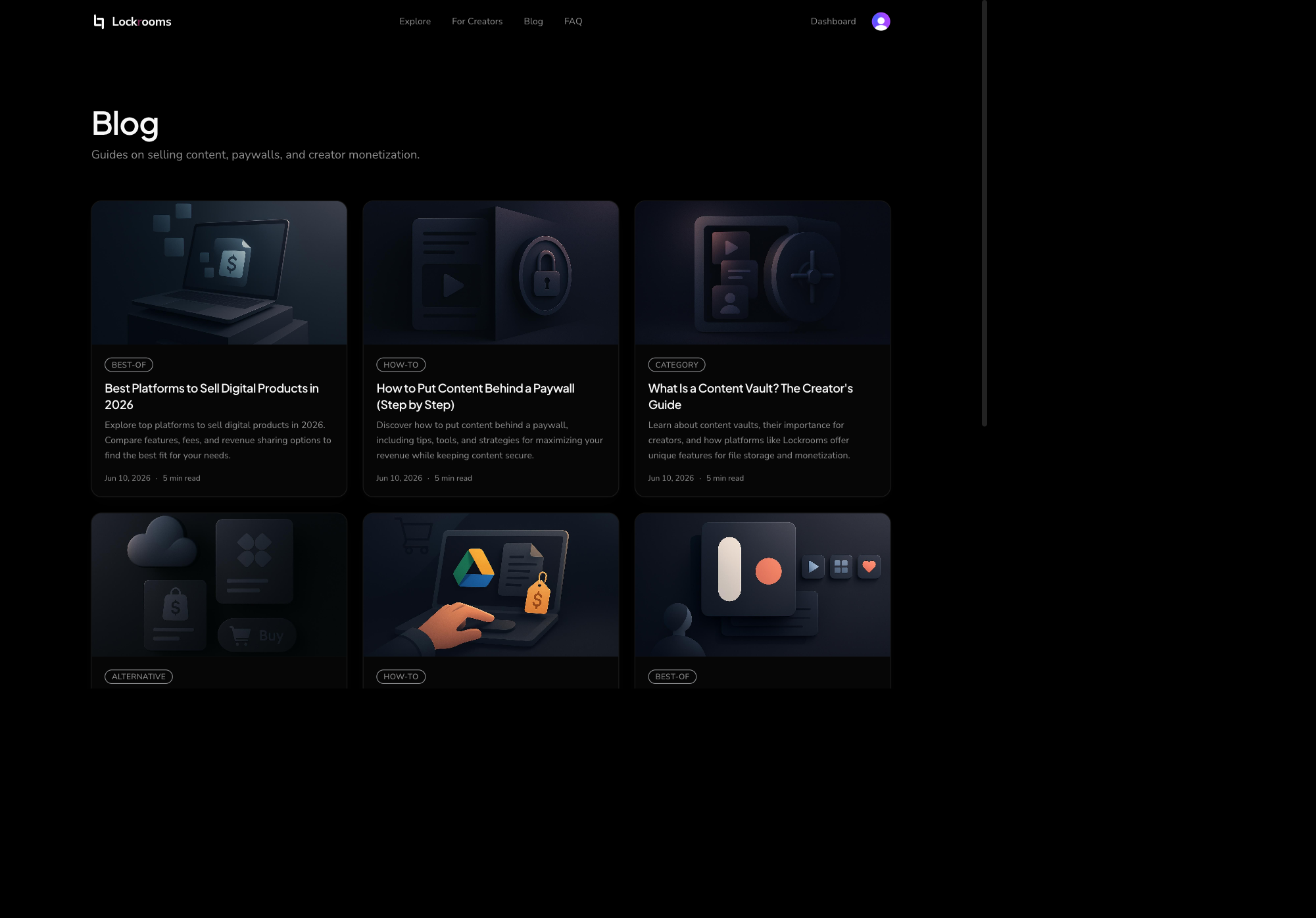 Lockrooms branded room page with free previews, one-tap subscribe, and a blog of posts on selling digital products